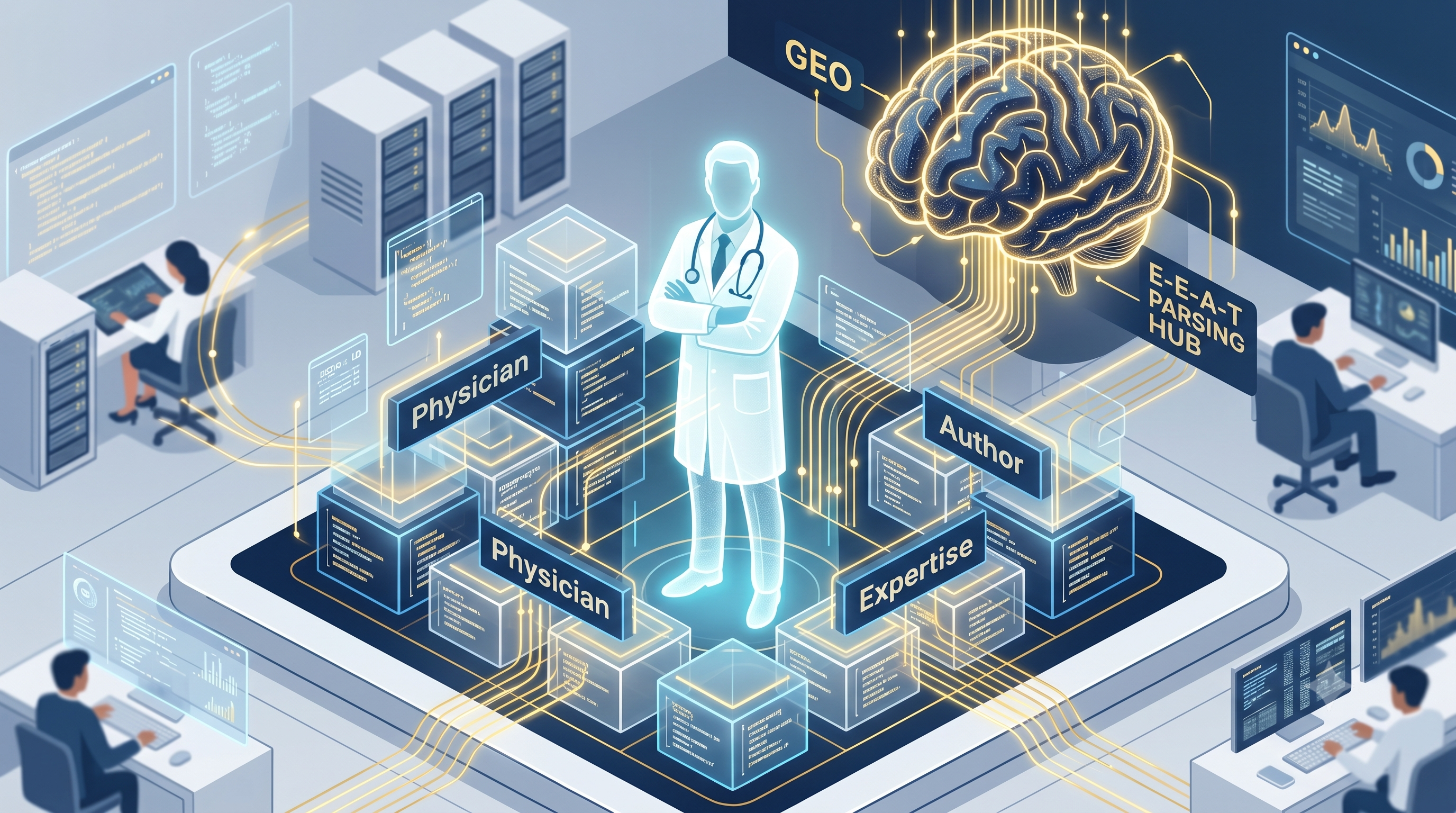 의사의 전문성이 Physician JSON-LD 구조화 데이터 코드로 변환되어 인공지능 네트워크(GEO)에 E-E-A-T 지식으로 직접 편입되는 과정을 표현한 3D 기술 SEO 일러스트레이션.