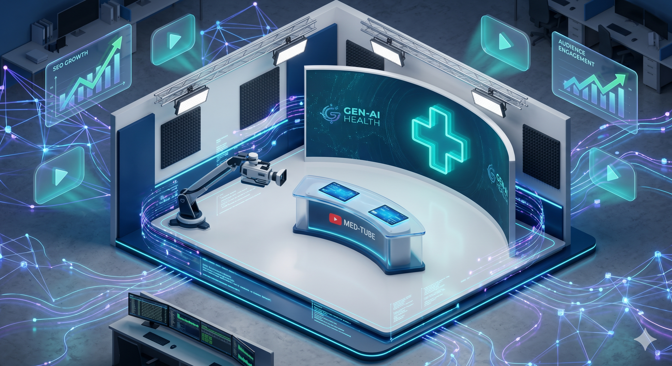 AI 데이터 네트워크와 연결된 병원 유튜브 스튜디오 카메라 장비를 표현한 3D 일러스트레이션으로, 의료 마케팅과 영상 GEO 최적화 전략을 상징함.