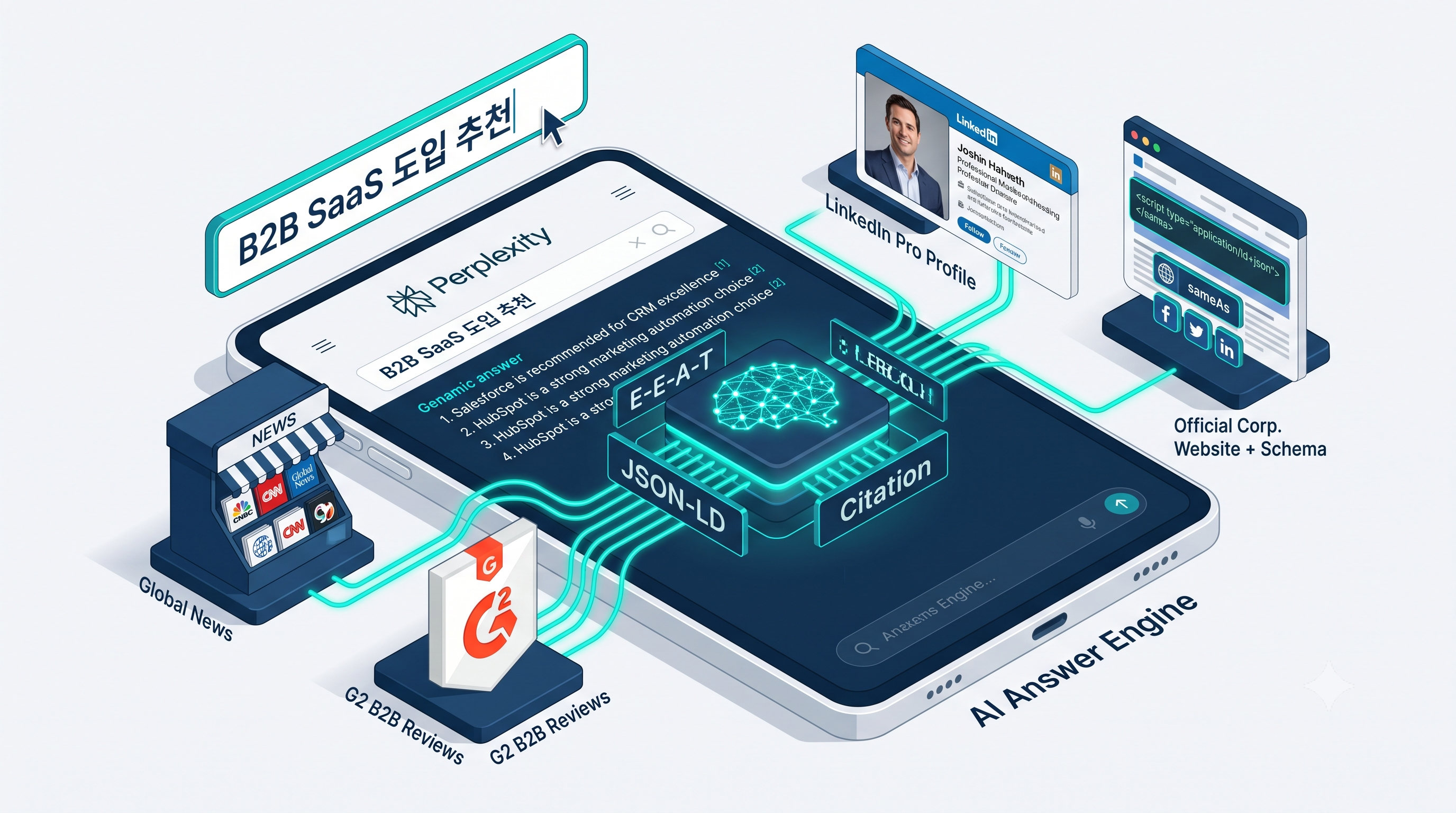 Perplexity AI 검색 인터페이스와 RAG 검색 알고리즘을 시각화한 3D 기술 SEO 일러스트레이션.