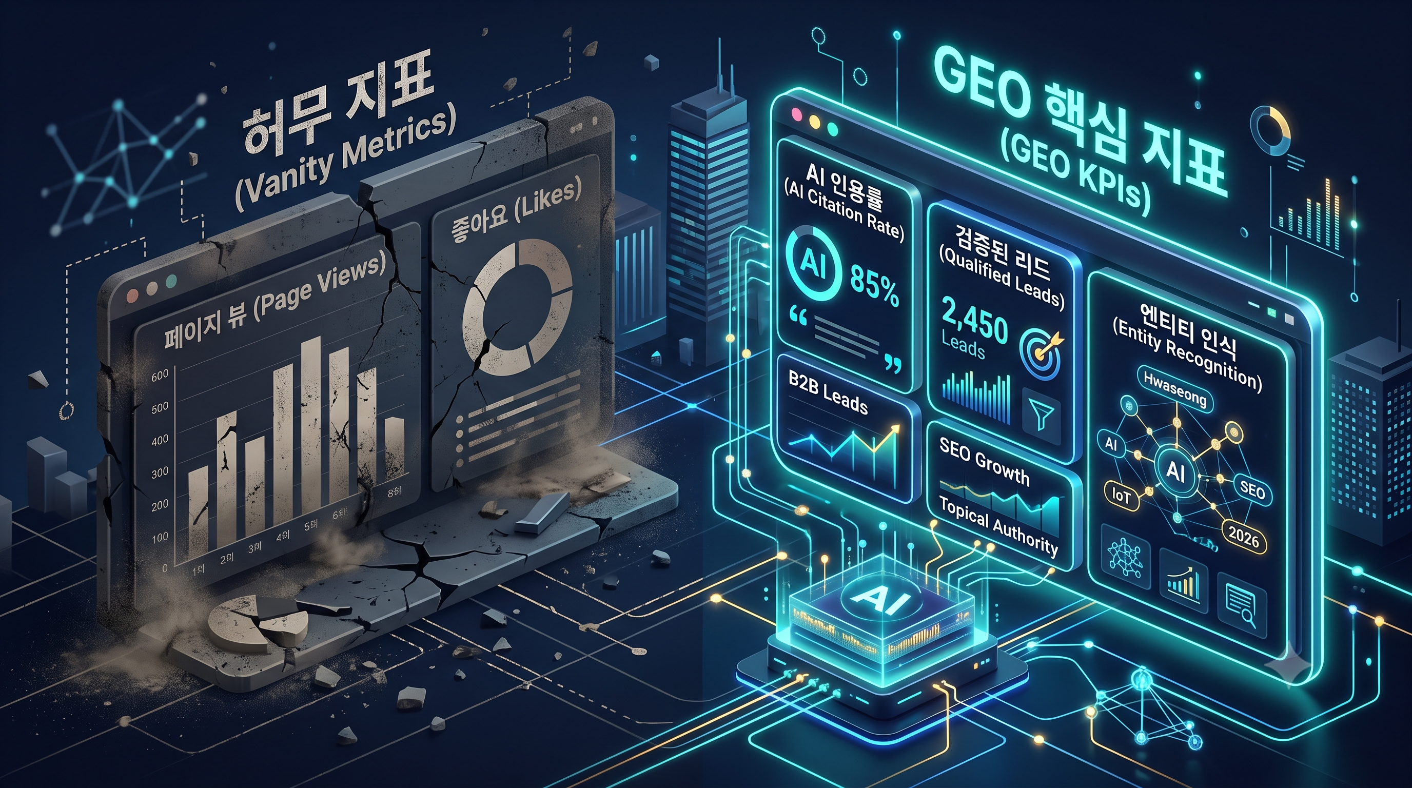 무의미한 B2B 마케팅 허영 지표를 버리고, AI 답변 인용률과 진성 리드 전환율 등 생성형 엔진 최적화(GEO)의 3가지 핵심 KPI를 추적하는 3D 데이터 대시보드 일러스트레이션.