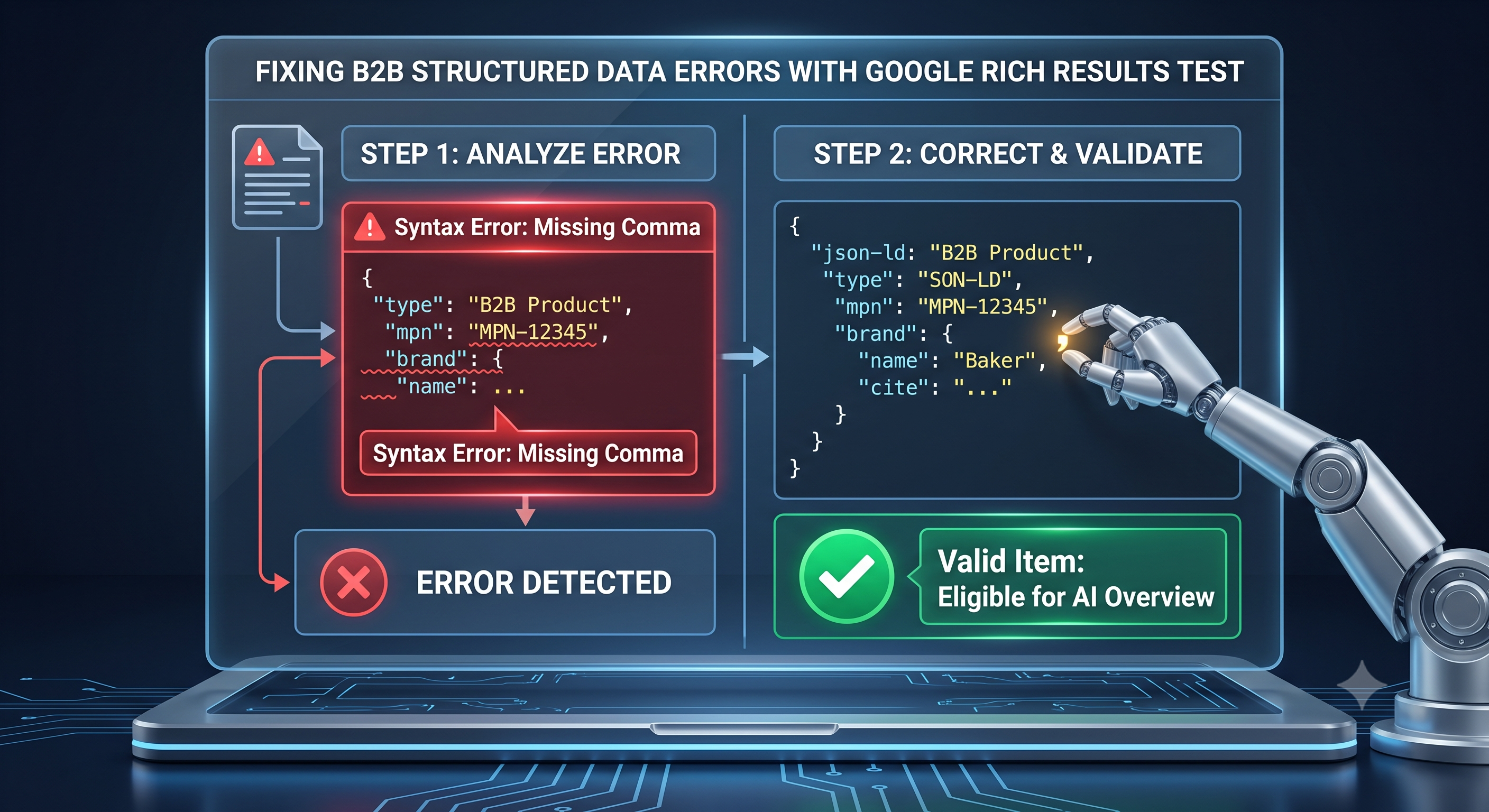 구글 리치 결과 테스트 도구 디버깅 창 내부에서 백엔드 JSON-LD 스키마의 구문 에러와 쉼표 누락 코드를 정밀 교정하여 치명적인 오류 상태를 녹색 표시의 유효한 항목(Valid Item)으로 즉시 변환시키고 AI 오버뷰 인용 권격을 확보하는 프로세스 도해