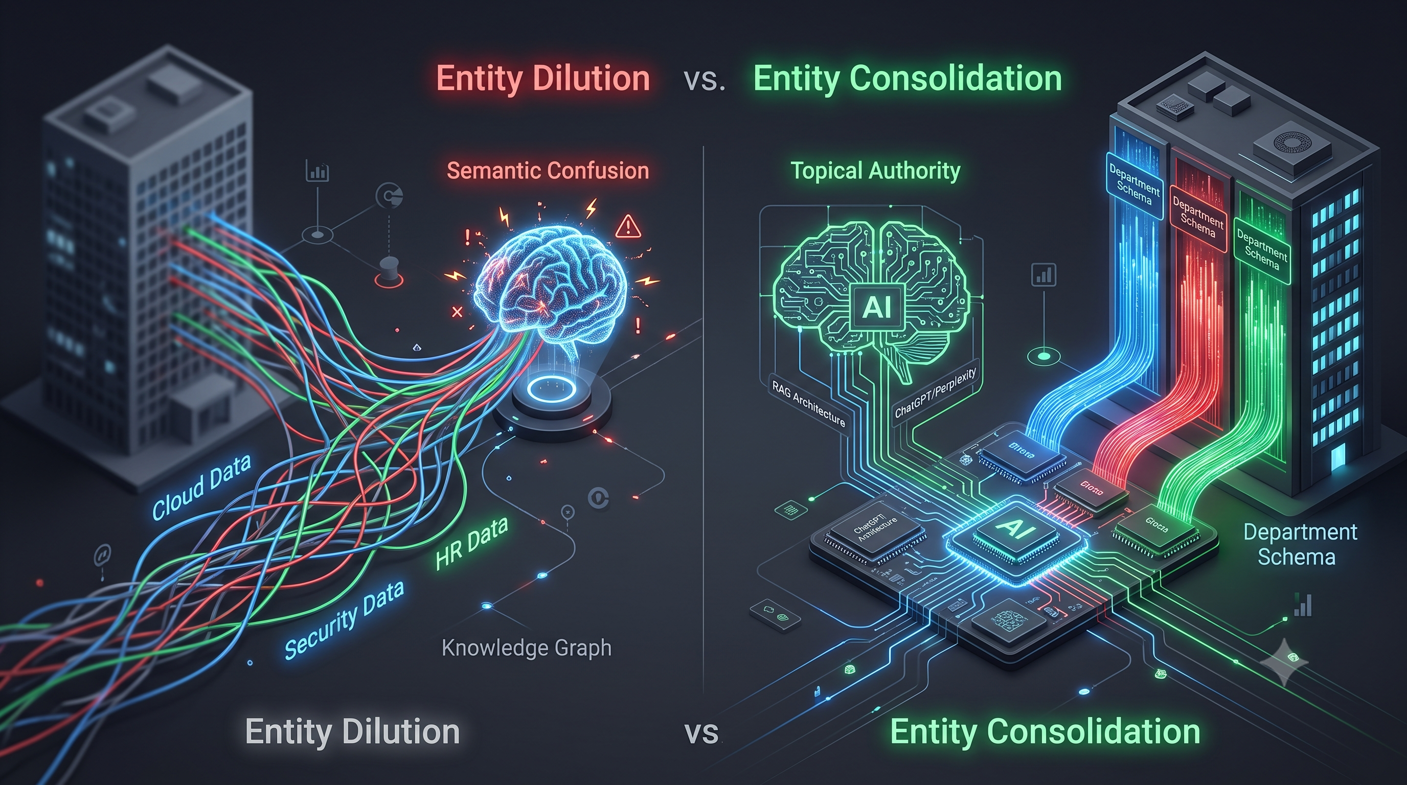 대기업의 복잡한 정보가 뒤섞여 AI 지식 그래프에서 '엔티티 희석(Entity Dilution)'을 일으키는 모습과, Department 스키마를 통해 사업부별로 완벽하게 격리(Silo)되어 AI에게 뚜렷한 전문성(Topical Authority)을 인정받는 구조를 대조하여 보여주는 3D 기술 SEO 일러스트레이션.