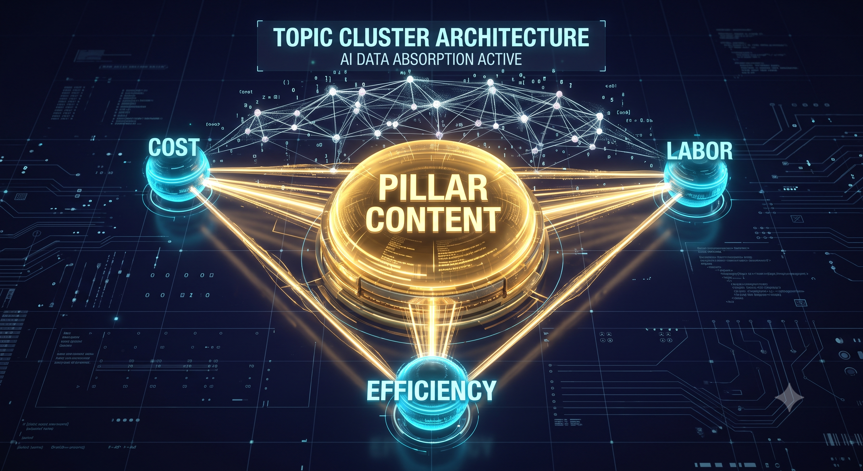 비용, 효율, 인건비와 같은 개별 시맨틱 키워드 클러스터 문서들이 거대한 필라 콘텐츠 중심축으로 내부 링크를 통해 강력하게 결합되어, 인공지능 지식 그래프의 구조적 탐색을 돕는 토픽 클러스터 아키텍처 개념도