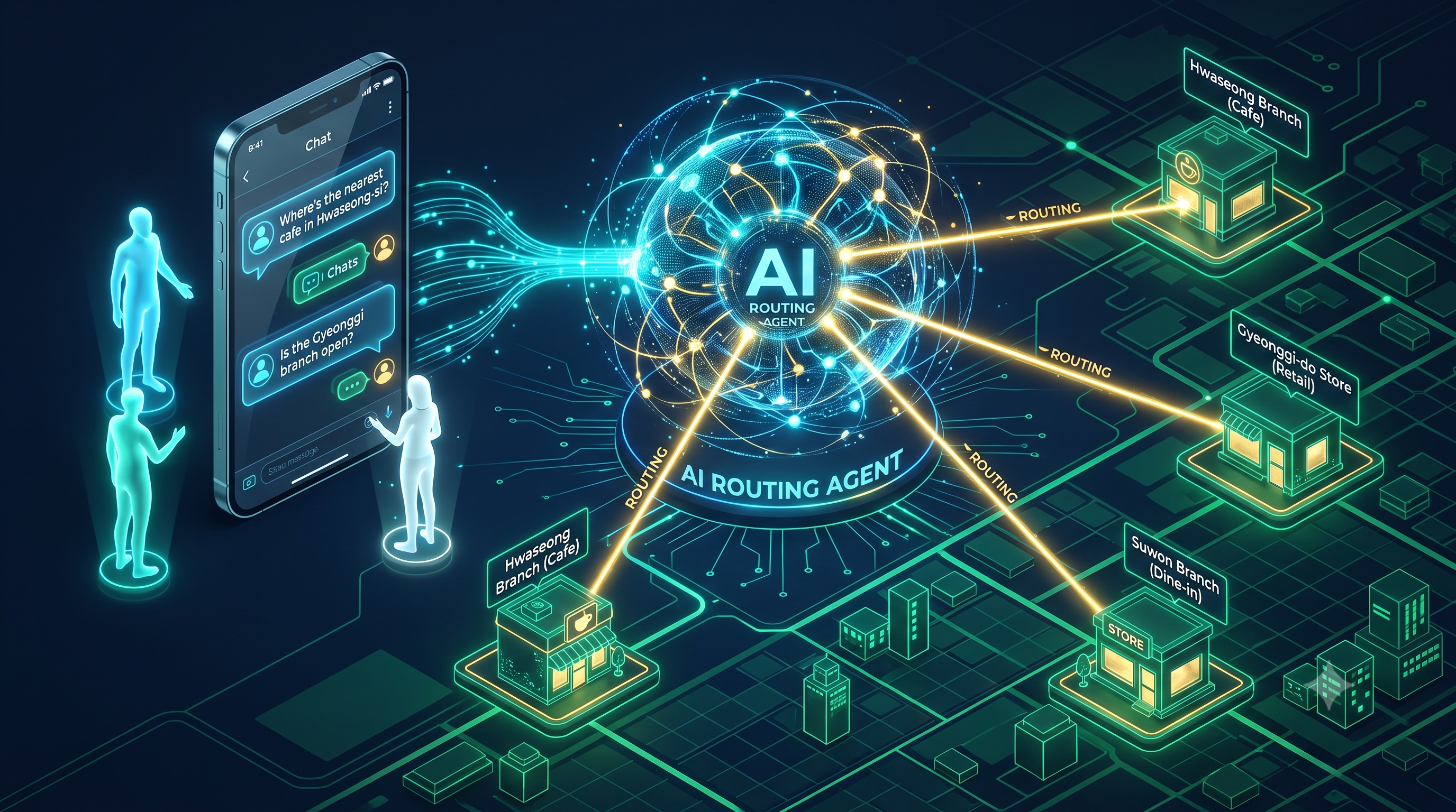 AI 라우팅 에이전트가 고객의 스마트폰 질의(위치 및 의도)를 자연어 처리(NLP)로 즉각 분석하여, 디지털 맵 위의 가장 적합한 하이퍼로컬 가맹점 페이지로 트래픽을 완벽히 연결해 주는 전환율 최적화 과정을 시각화한 3D 일러스트레이션.
