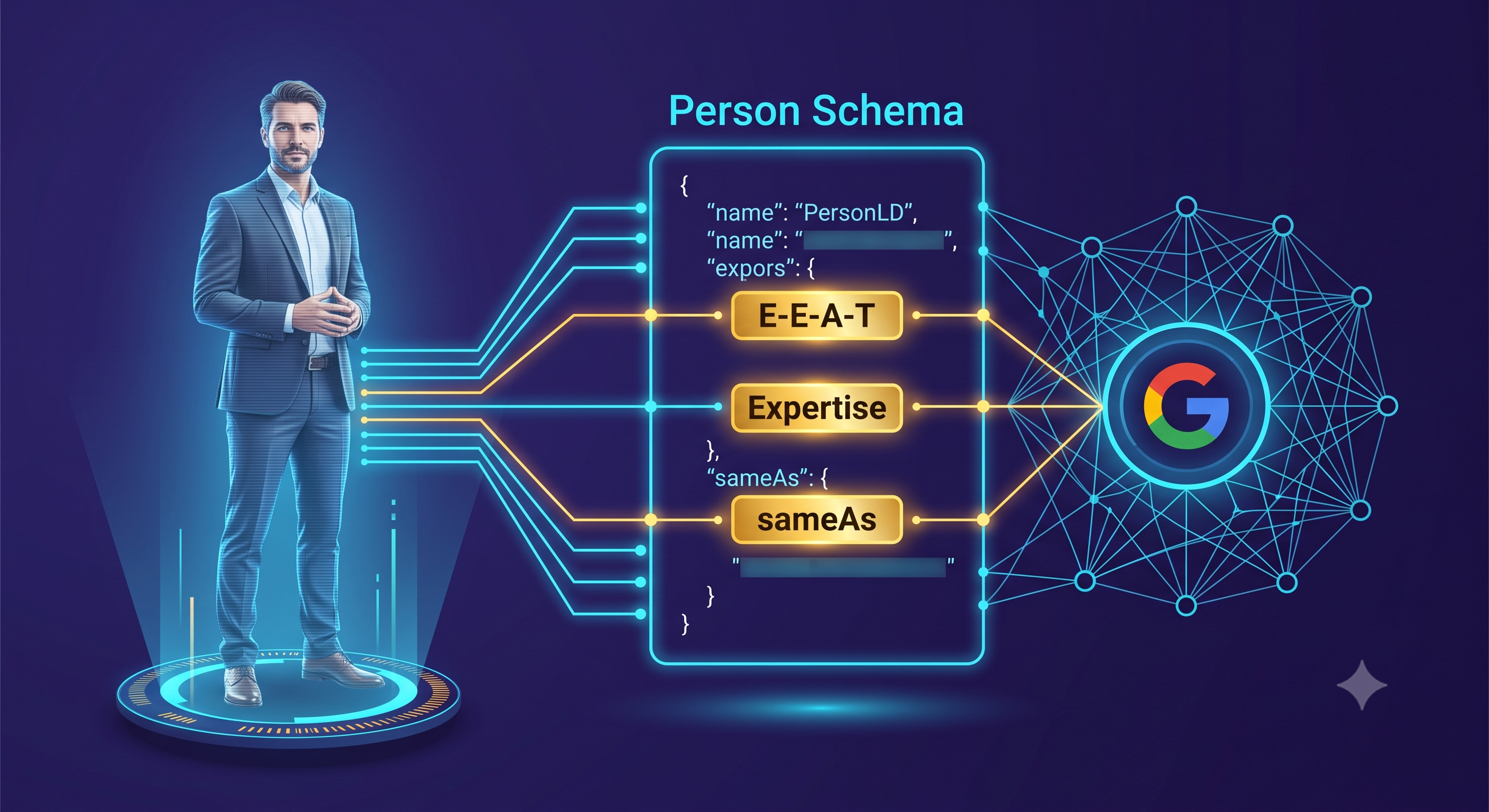 강사와 원장의 실물 프로필이 기계 가독성을 갖춘 JSON-LD Person 스키마 코드로 변환되어, 구글 E-E-A-T 전문성을 입증하고 AI 지식 그래프 엔티티로 완벽하게 연동되는 생성형 엔진 최적화(GEO) 아키텍처 개념도