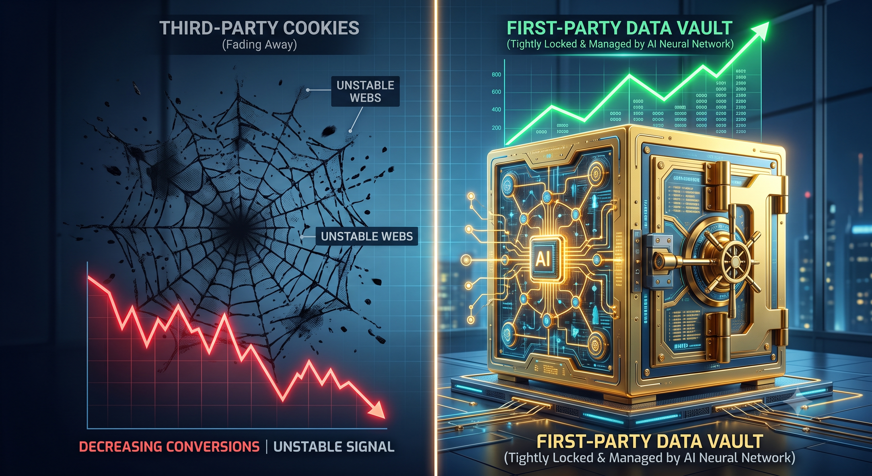 서드파티 쿠키 트래픽 지표를 폐기하고 1차 데이터(First-party Data) 수집량을 새로운 비즈니스 KPI로 설정하여, 생성형 엔진 최적화(GEO)와 리드 전환율 상승을 동시에 달성하는 아키텍처 개념도