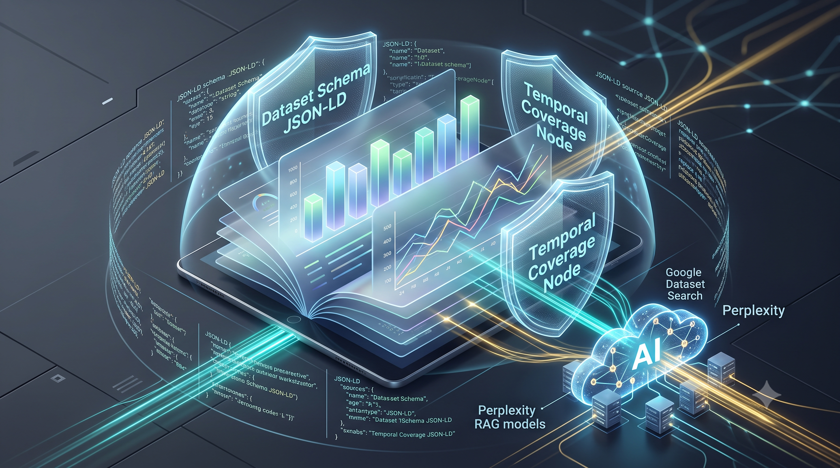 B2B 백서 속의 시장 통계 지표가 Dataset 스키마 마크업 코드 블록을 통해 구조화되어 대화형 AI 검색 엔진(RAG)의 지식 그래프와 구글 데이터셋 검색 인프라에 공인 소스로 매핑되는 과정을 나타낸 3D 기술 SEO 일러스트레이션.