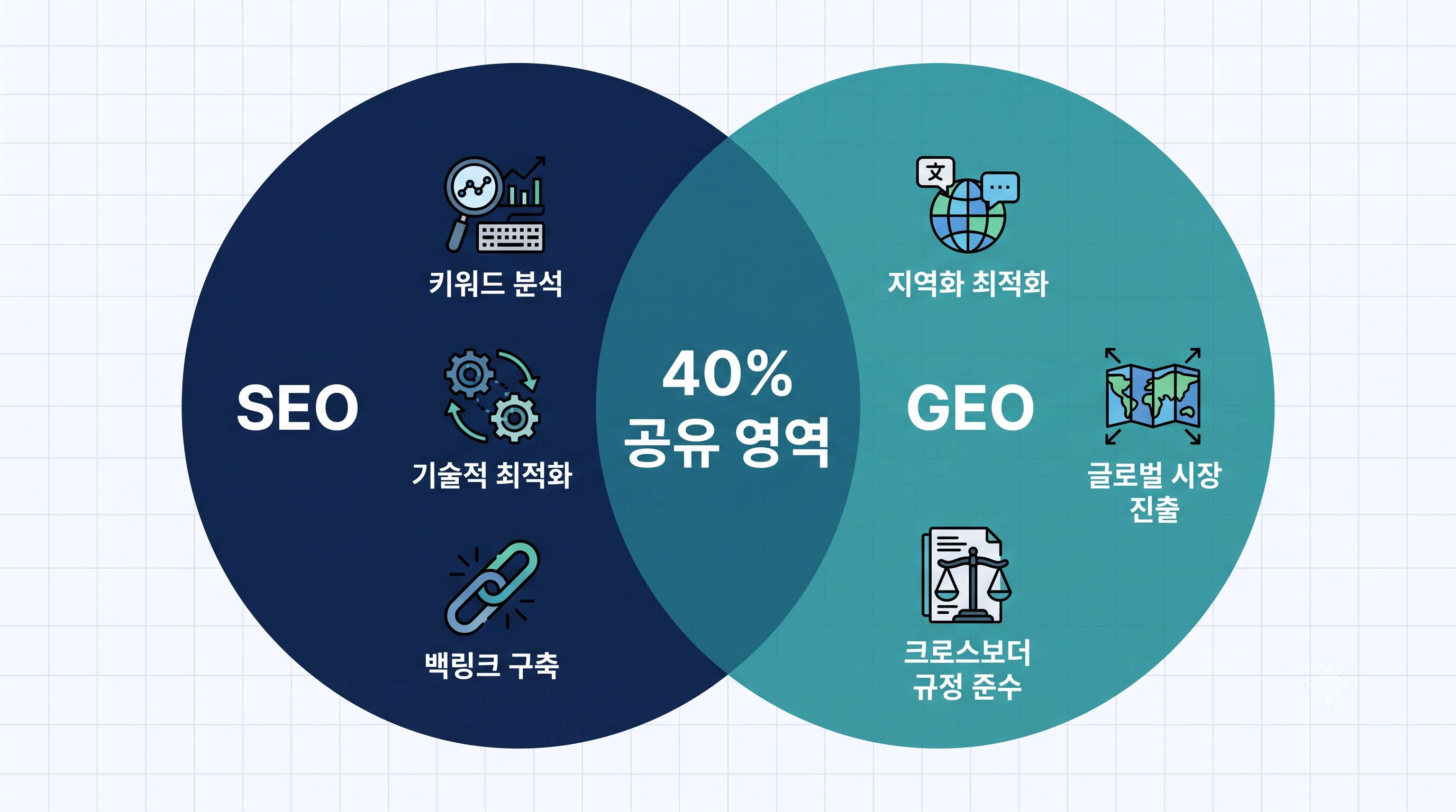 SEO와 GEO 역량 겹침 벤 다이어그램 (공유영역 40%)