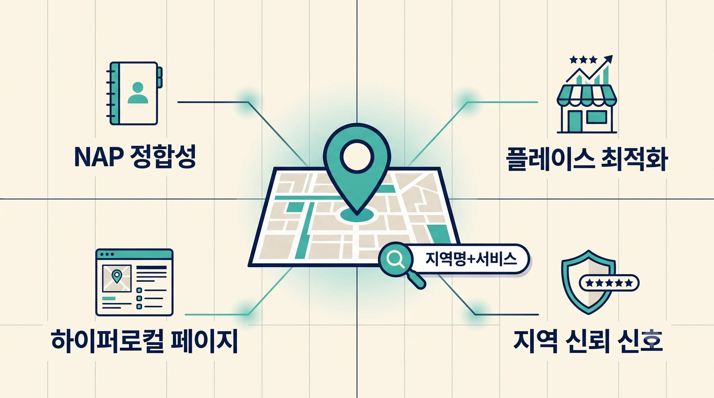 지역 기반 사업체 GEO의 핵심인 NAP 정합성·플레이스 최적화·하이퍼로컬 페이지·지역 신뢰 신호를 지도 위에 나타낸 인포그래픽
