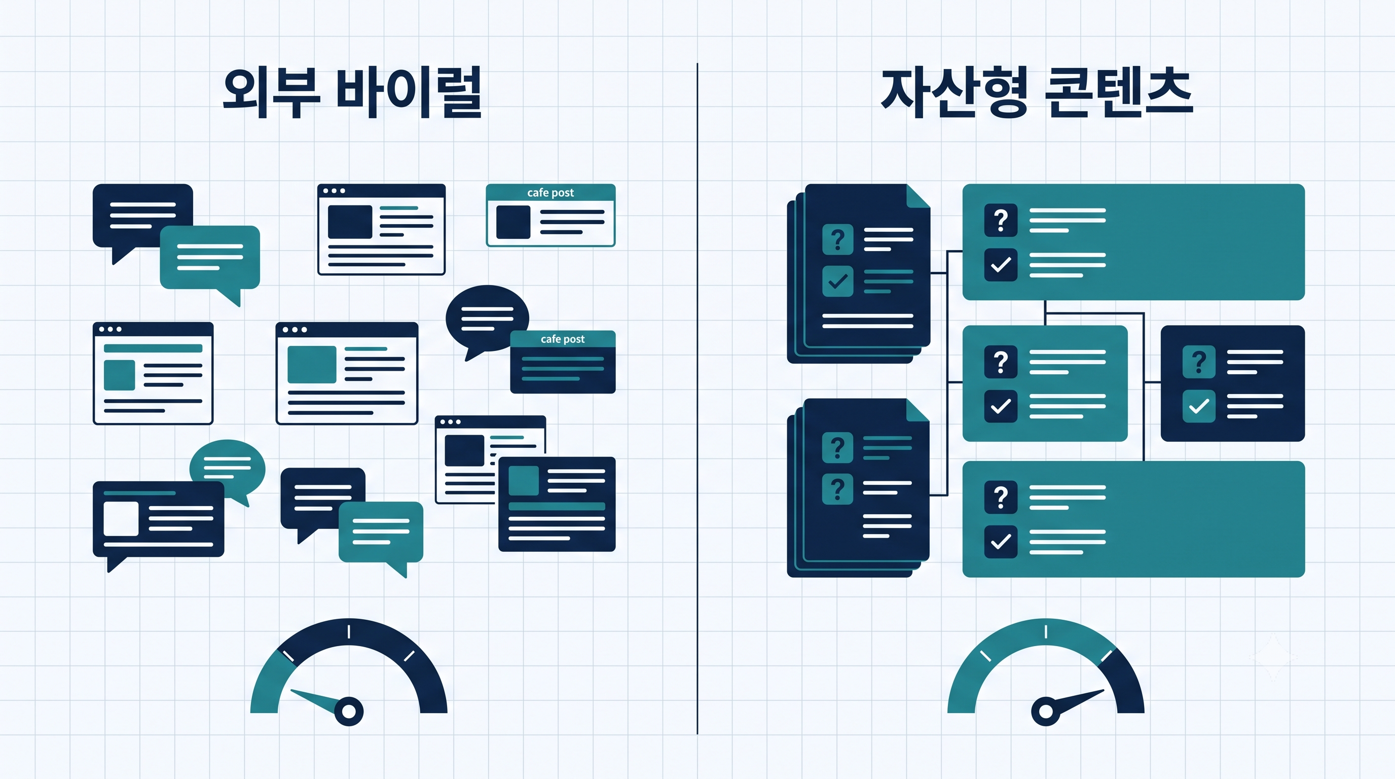 외부 블로그·카페 바이럴과 자사 도메인 자산형 콘텐츠의 AI 인용 채택률 차이를 대비한 인포그래픽