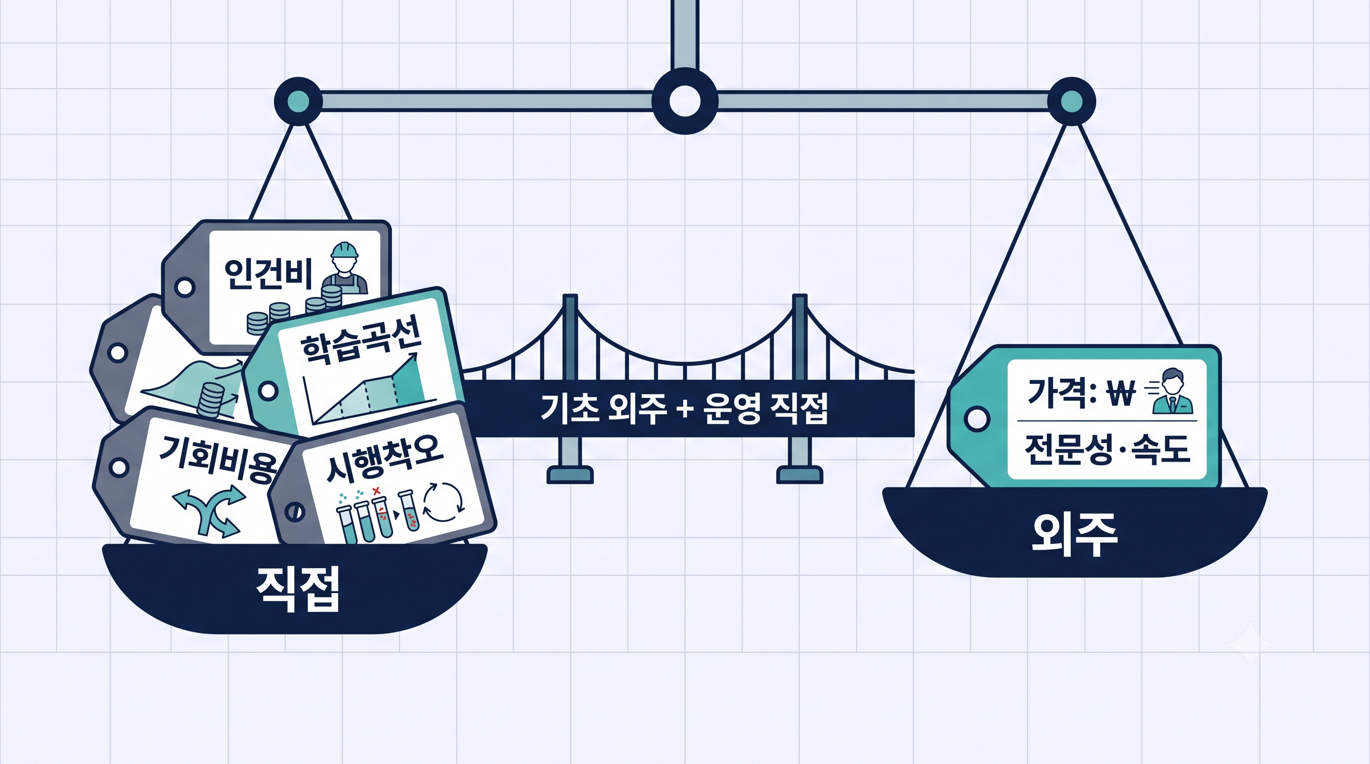 직접 GEO의 숨은 비용(인건비·학습곡선·기회비용·시행착오)과 외주 비용에 포함된 가치를 저울로 비교하고 기초 외주+운영 직접 절충안을 나타낸 인포그래픽