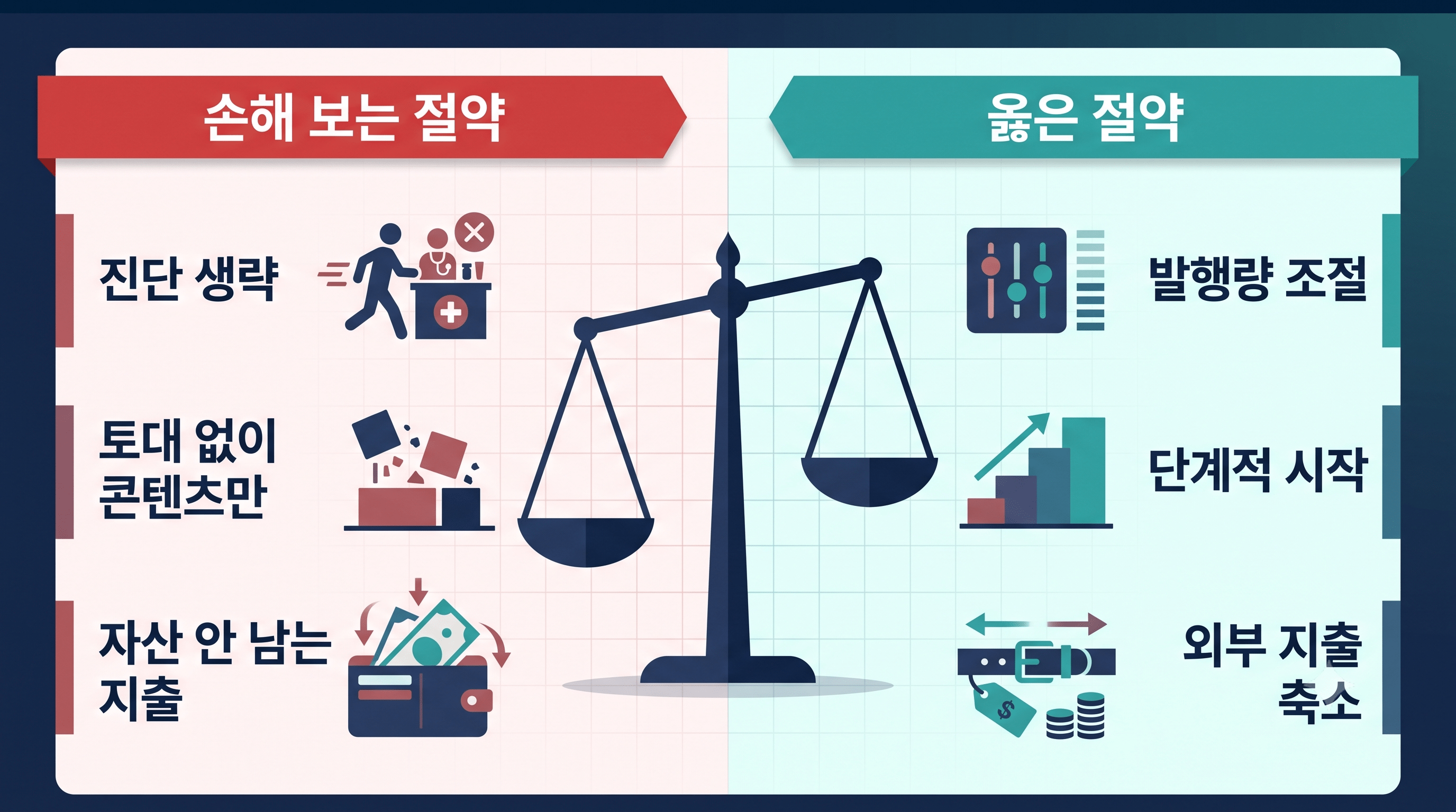 GEO 비용을 아끼려다 손해 보는 세 실수(진단 생략·토대 없이 콘텐츠만·자산 안 남는 지출)와 아껴도 되는 것과 지켜야 할 것을 구분한 인포그래픽