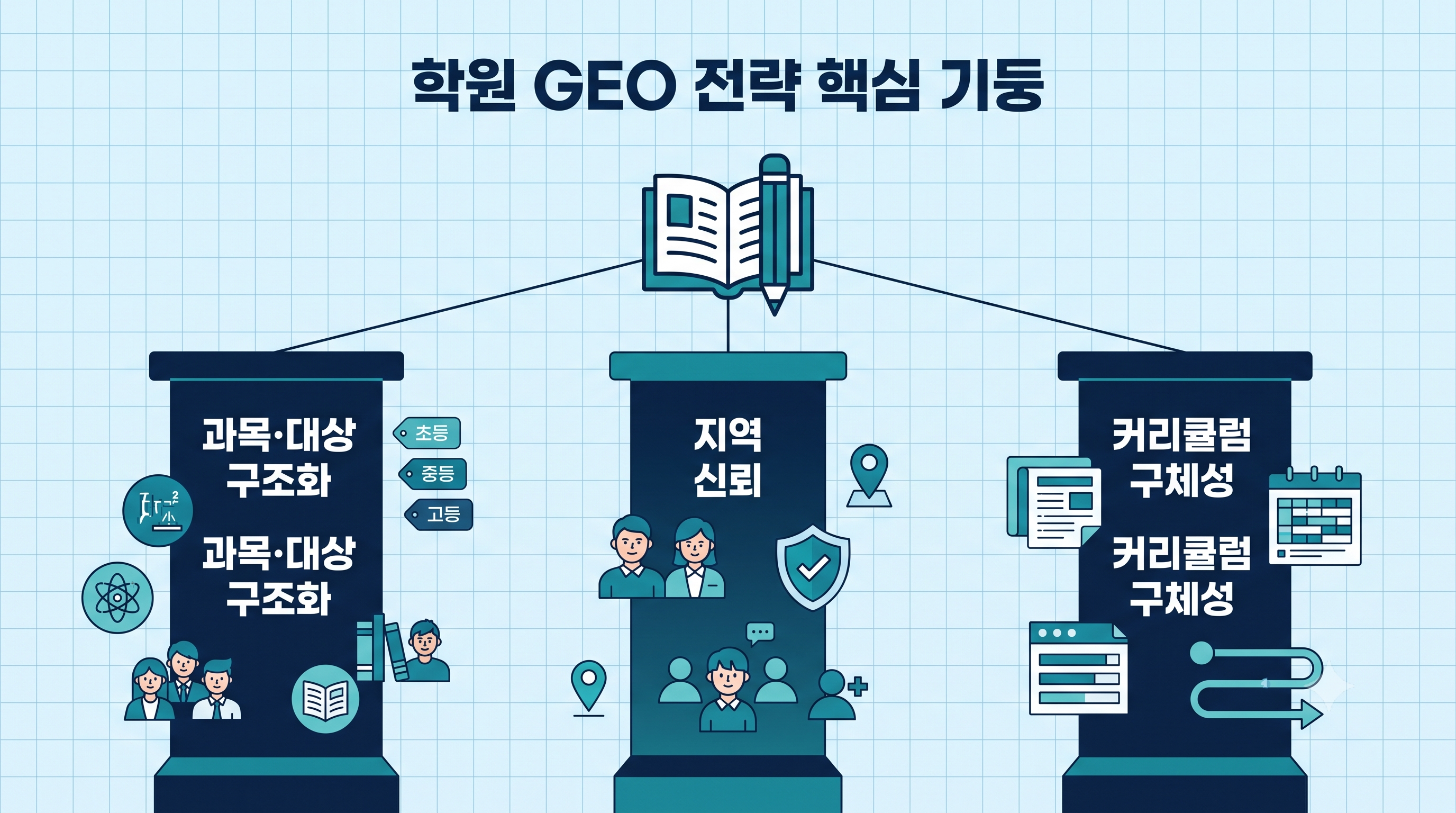 학원·교육 GEO의 핵심인 과목·대상별 구조화·지역 신뢰·커리큘럼 구체성을 나타낸 인포그래픽