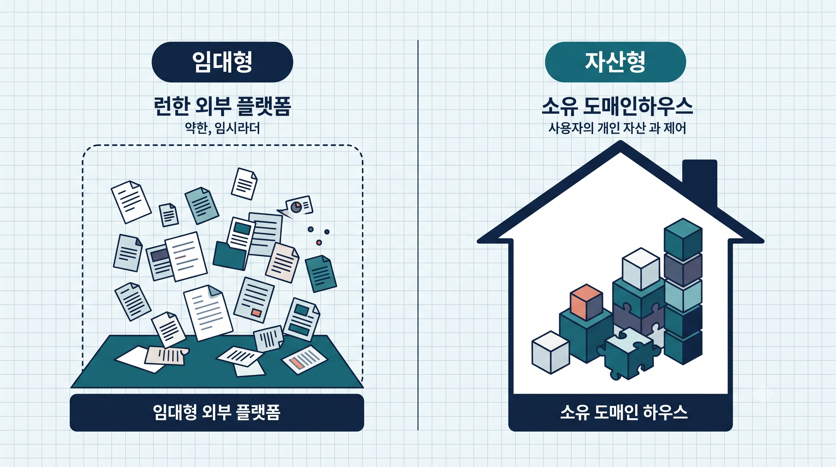 외부 채널에 쌓는 임대형 GEO와 내 도메인에 쌓이는 자산형 GEO의 차이를 대비한 인포그래픽
