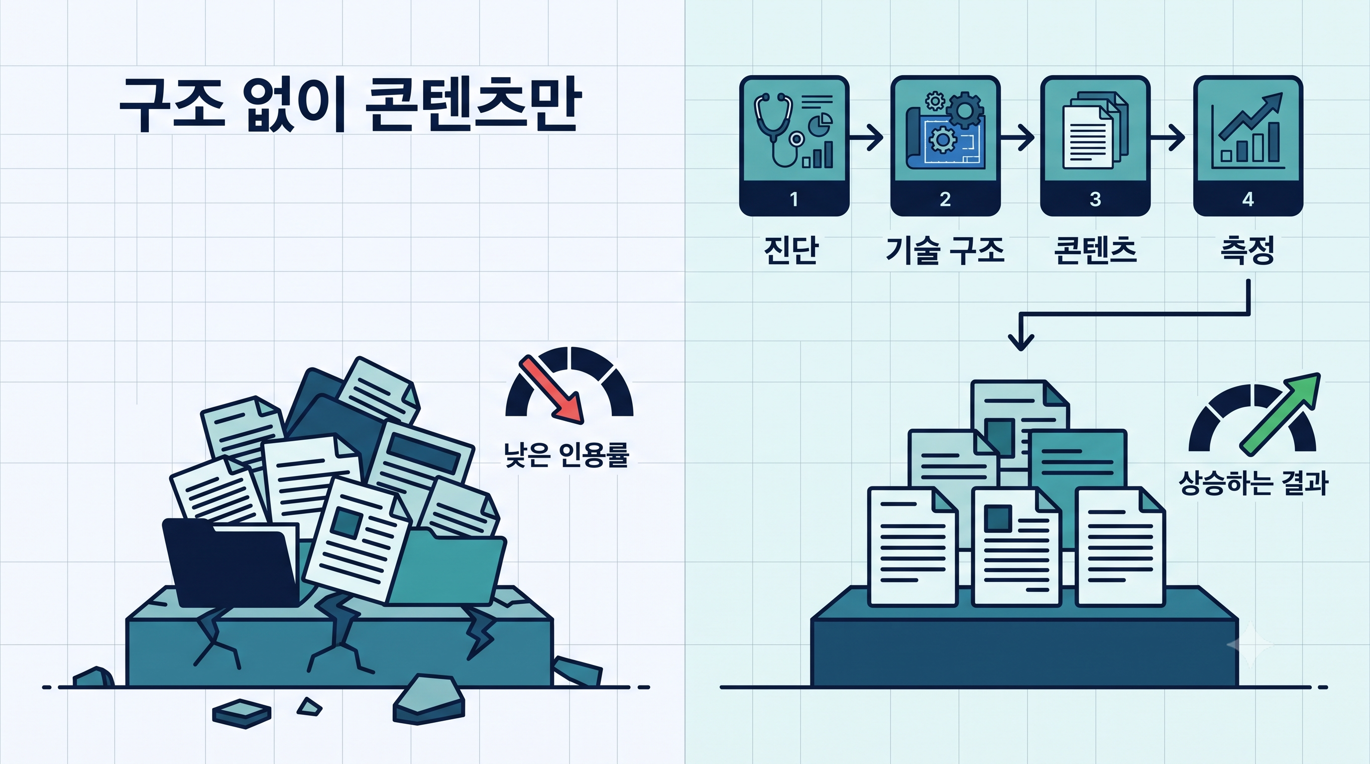 기술 구조 없이 콘텐츠만 쌓았을 때 생기는 크롤링 누락·발췌 불가·출처 혼동 문제와 올바른 GEO 4단계 순서를 대비한 인포그래픽