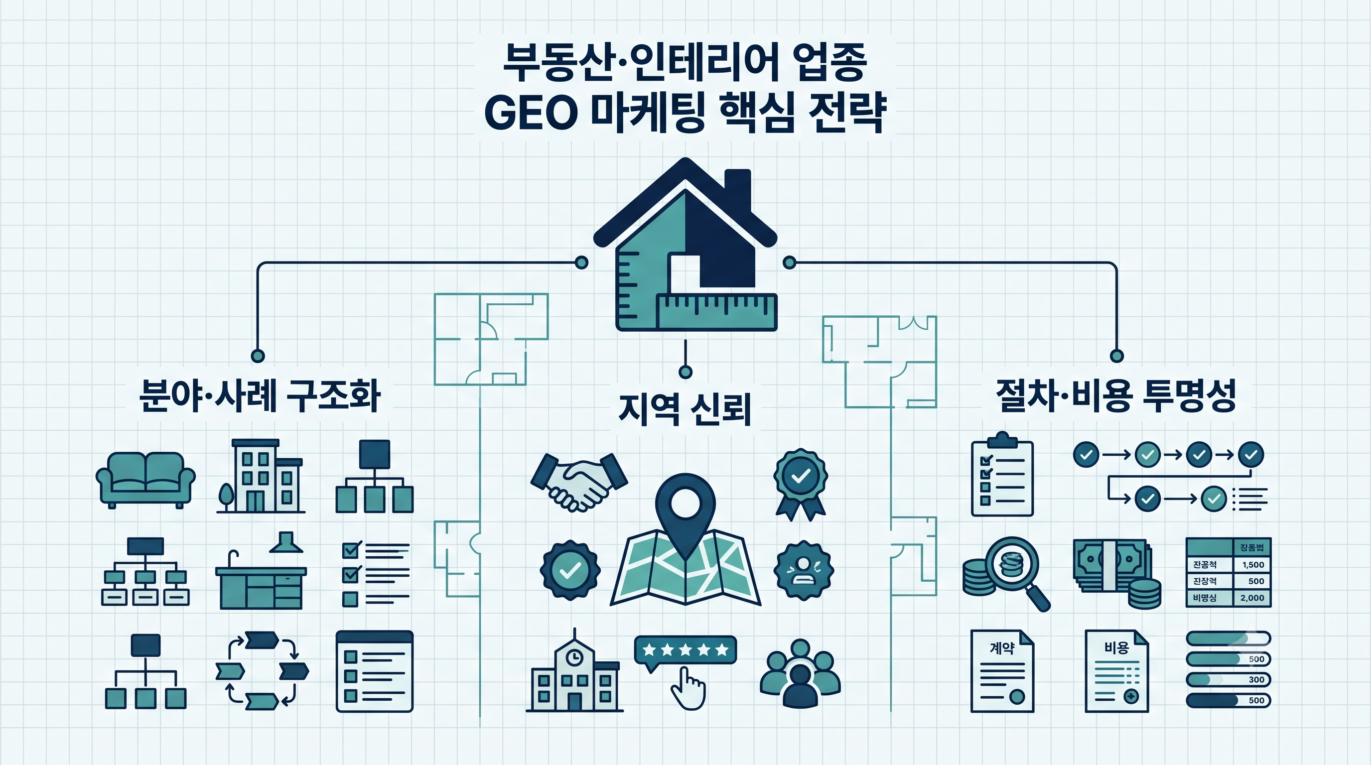 부동산·인테리어 GEO의 핵심인 분야·사례 구조화·지역 신뢰·절차 비용 투명성을 나타낸 인포그래픽