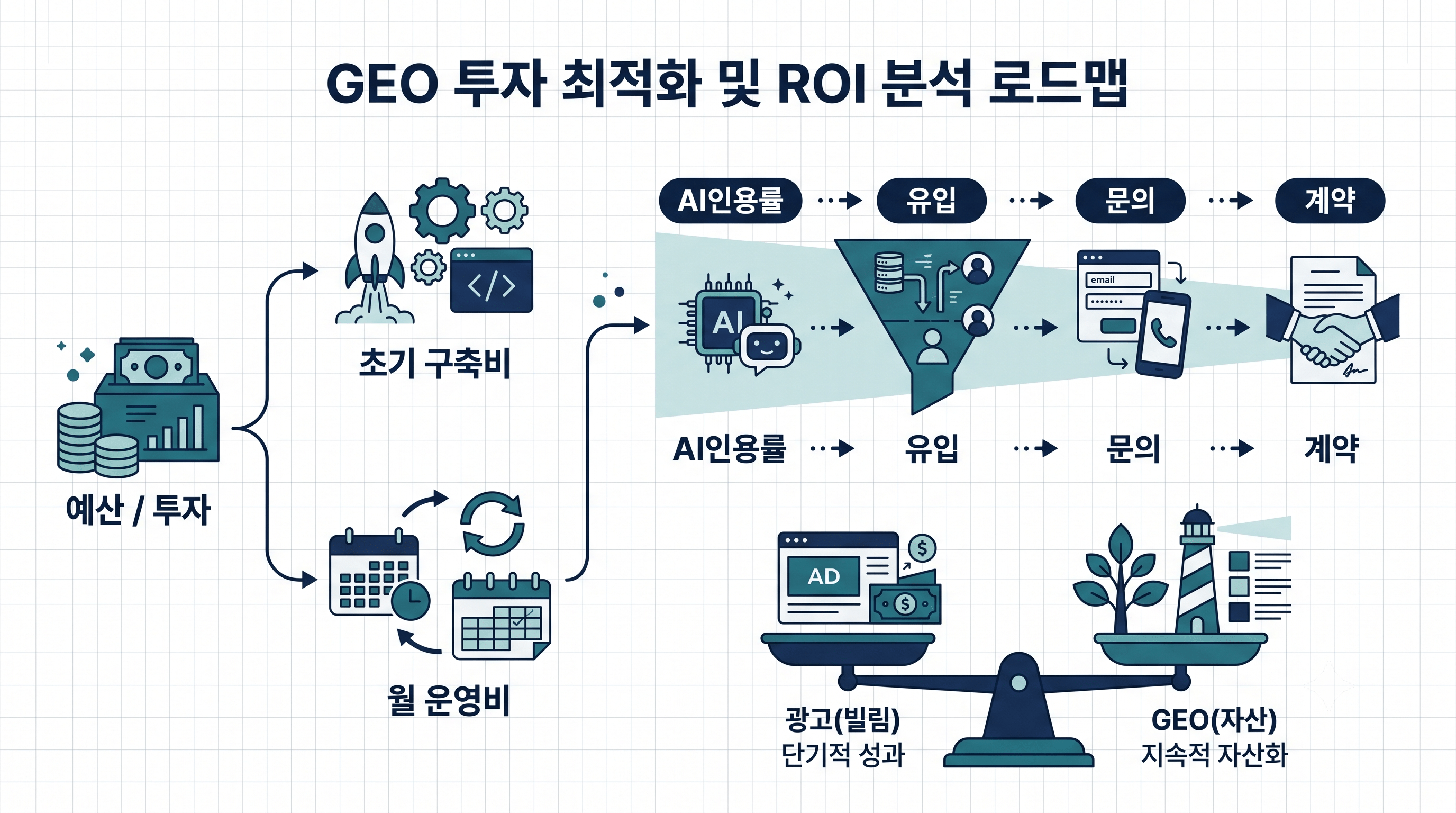 GEO 투자의 예산 결정 기준·초기 구축비와 월 운영비 구조·AI인용률에서 계약까지 이어지는 ROI 흐름을 나타낸 인포그래픽